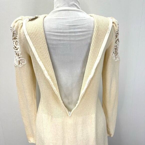 Vintage 80s Pat Sandler Wellmore Embellished Cream Sweater Dress Women’s 6 Zip - Picture 9 of 14